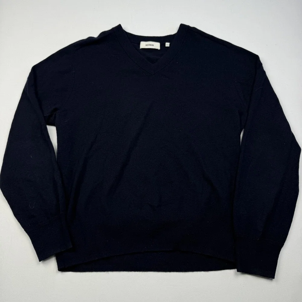 Buck Mason Sweater Mens XL Navy Blue 100% Cashmere V Neck Pullover Knit Classic